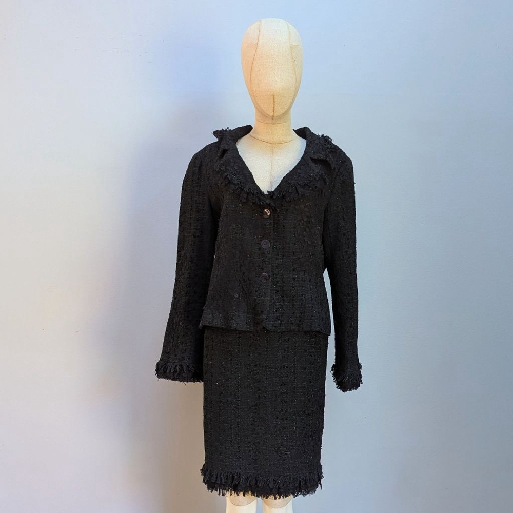 Renato Nucci Floral BlackTweed Fringe Blazer (EU 44) Skirt (EU 46) Set -Large
